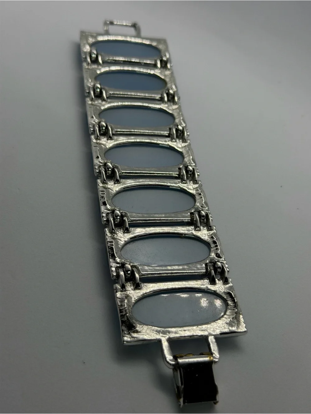 Vintage Blue Thermoset Panel Bracelet Silver Tone Mid Century